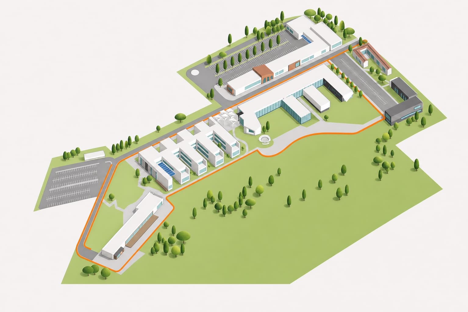 Mapa axonométrico do Campus do UPCA em Barcelos, com os edifícios e acessos atuais